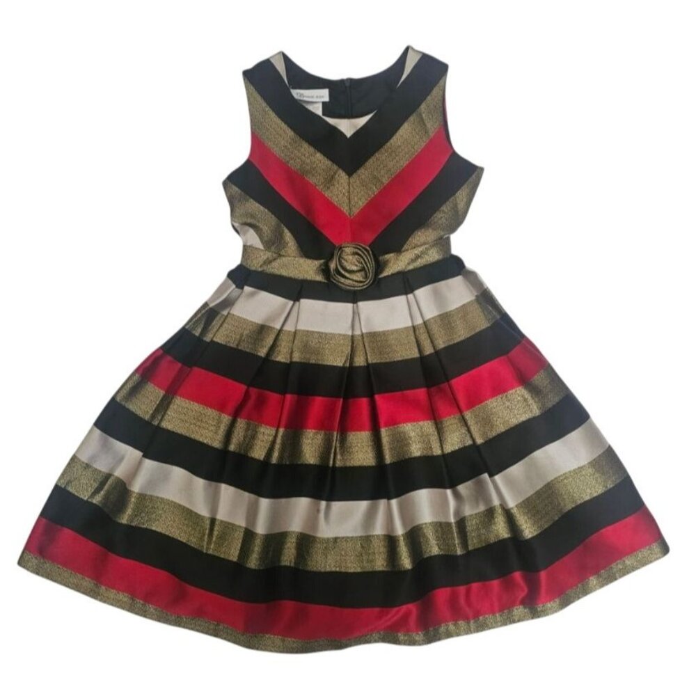 Bonnie Jean Metallic Stripe Gold Sash Bow Waist Sleeveless Party Dress Size 8 - Picture 2 of 11
